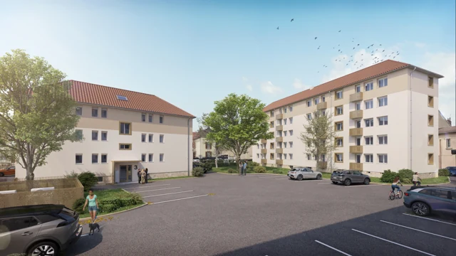 Perspective 3D de deux bâtiments résidentiels à Dole, Carbillet, vus depuis une aire de stationnement.