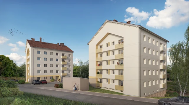 Perspective 3D d’une façade de logements à Semur-en-Auxois, Mouchot, vue depuis la rue.