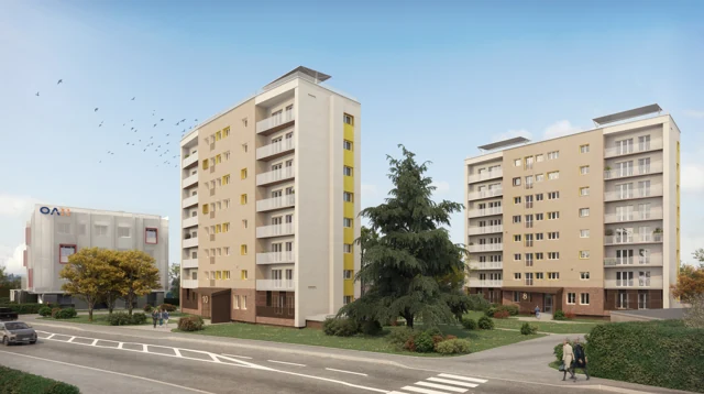 Perspective 3D de façades et balcons de logements à OAH Colette, vus depuis la rue avec arbres au premier plan.