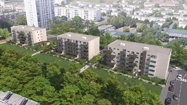 Perspective 3D aérienne oblique de bâtiments résidentiels à Chenôve, avec arbres, cheminements et tissu urbain environnant.